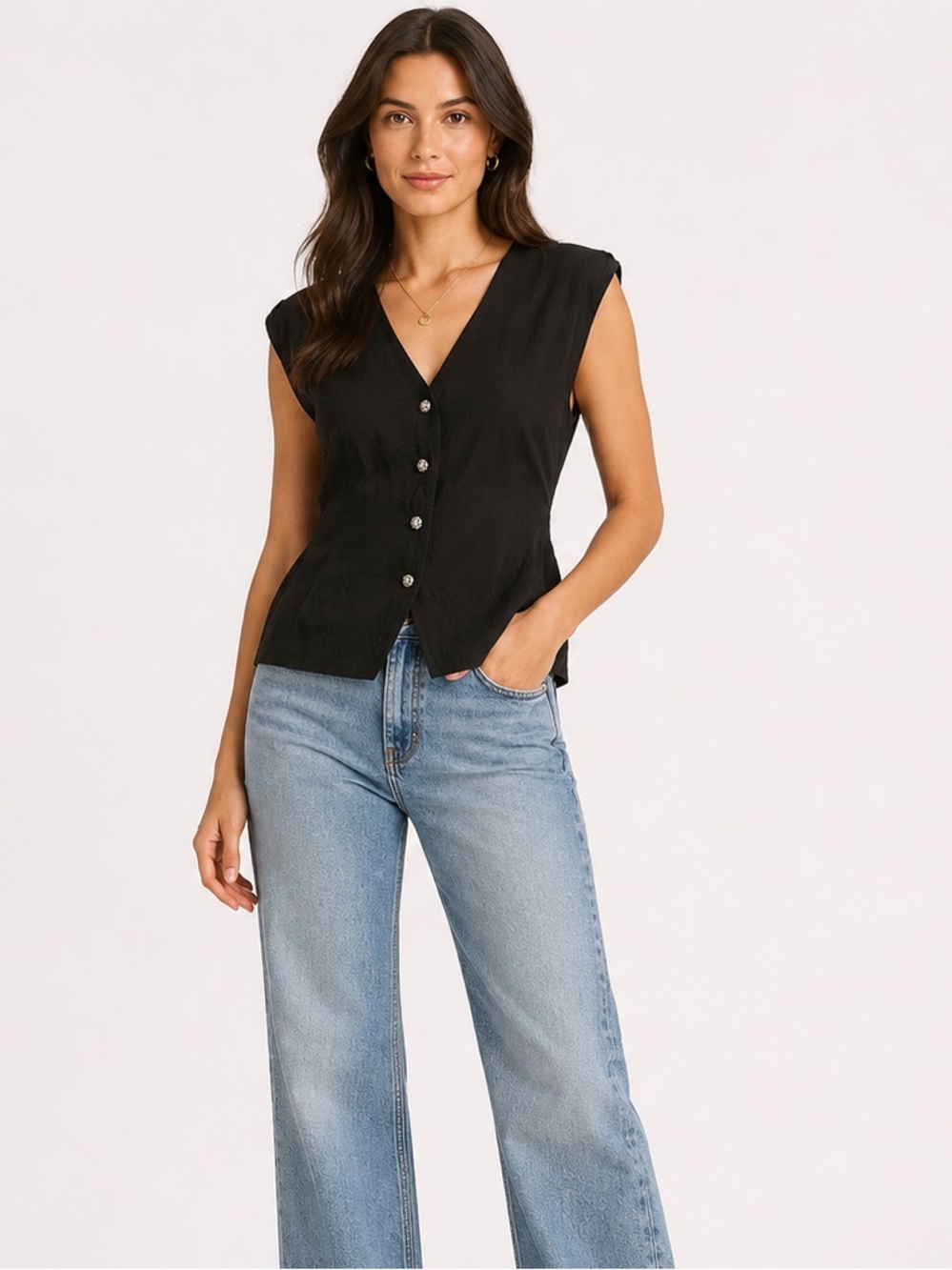 Vintage Sleeveless V-Neck Button Front Vest Jacket in Black